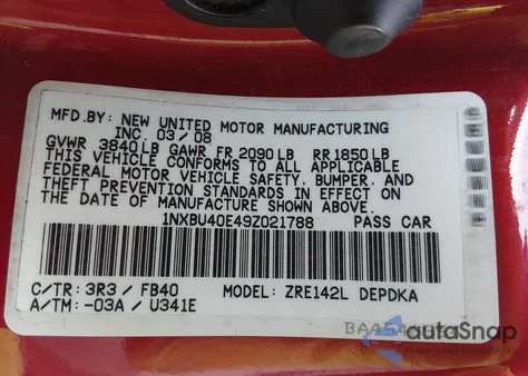 2009 Toyota Corolla Le from USA, damaged, VIN 1NXBU40E49Z021788